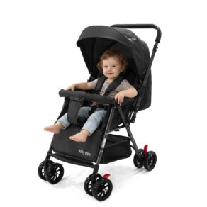 Carrinho de Bebê Reversível Passeio Runner até 15kg com Capota Retratil Reclinável Bandeja Cesto 4 Rodas Travas Cinto 5 Pontos e INMETRO (Preto)