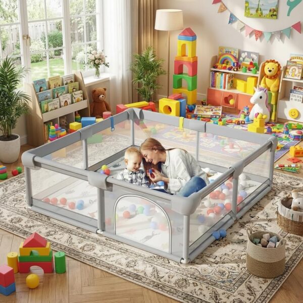 Cercadinho Infantil 127×127cm, Cinza, Tecido Oxford com Espuma, Antiderrapante, 0 a 6 Anos