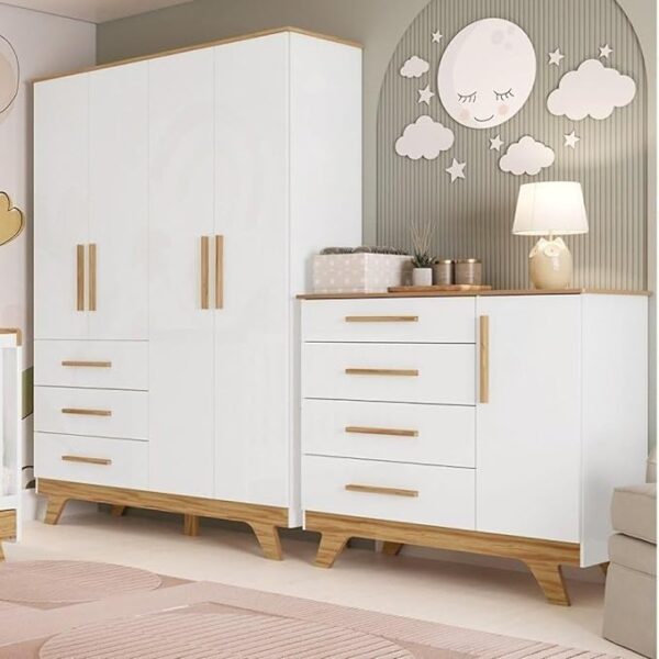 Quarto Infantil com Guarda Roupa 4 Portas e Cômoda 1 Porta 100% MDF Kakau Retrô Espresso Móveis Branco Brilho/Amêndoa
