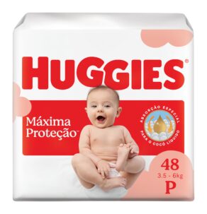 Fralda Descartável Huggies Máxima Proteção Tamanho P 48 unidades – com absorção especial para cocô líquido e indicador de troca.