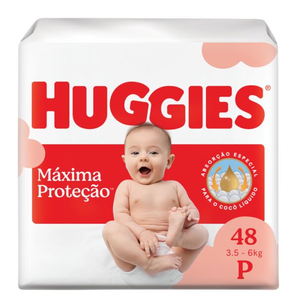 Fralda Descartável Huggies Máxima Proteção Tamanho P 48 unidades – com absorção especial para cocô líquido e indicador de troca.