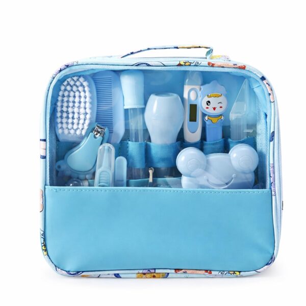 Kit Higiene e Cuidados para Bebê 13 em 1, Estojo Portátil com Itens Essenciais para Unhas, Cabelo, Higiene e Temperatura, Mais Carinho, Segurança e Praticidade (Azul)