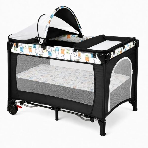 Berço Portátil 3 em 1 chiqueirinho moises de Bebê Multifuncional 0 a 24 Meses, com Trocador, Mosquiteiro Meia Sombra com Zíper, Colchão Espesso, Modo Balanço, Lateral Ajustável, Organizador, até 15kg