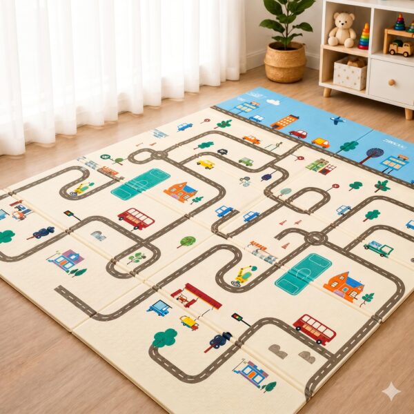 Tapete Infantil de Atividades 200x150cm 6mm Dobrável Dupla Face Térmico Emborrachado Impermeável Antiderrapante com Bolsa - Tapetinho Tatame Educativo para Bebe e Crianças (Cidade)