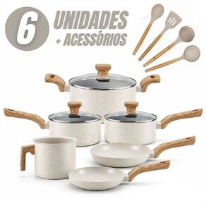 Jogo de Panelas 6 Peças Antiaderentes com Tampa de Vidro Temperada com 4 Utensílios de Cozinha