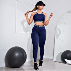 Conjunto Fitness Calça Legging Cintura Alta e Cropped Alcinha com Elásticos Racy para Treinar Roupa de Academia Feminina