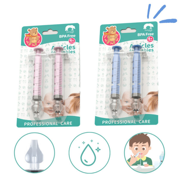 Kit 2 Seringas Lavador Aspirador Nasal Limpeza Infantil Bico Silicone Nariz Bebê Livre BPA Free Não Alergênico Reutilizável Plástico Não Tóxico Sucção Catarro Secreção Higienizador Irrigador Criança Adulto Menino Menina Homem Mulher Colorida Rosa Azul