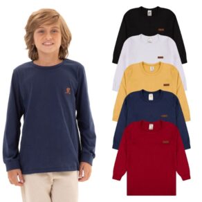 Kit 3 Camisetas Manga Longa Infantil Menino Básica Lisa Tamanho 2 ao 10