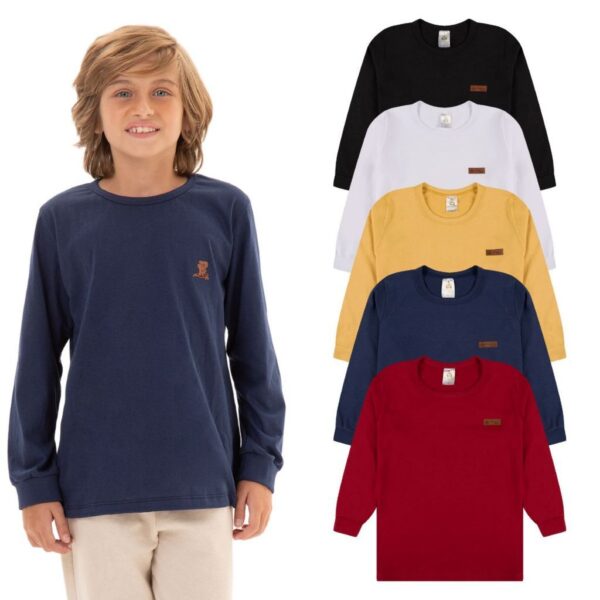 Kit 3 Camisetas Manga Longa Infantil Menino Básica Lisa Tamanho 2 ao 10
