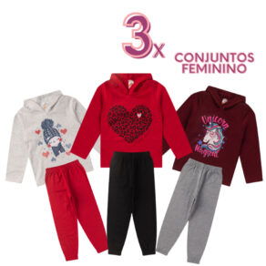 Kit 3 Conjunto moleton infantil feminina de inverno com calça infantil de moleton peluciado roupas infantis baratas.