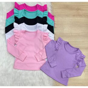 KIT 3 Blusas infantil menina manga longa manga comprida com babado CORES SORTIDAS