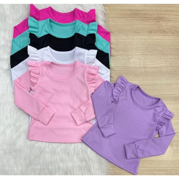 KIT 3 Blusas infantil menina manga longa manga comprida com babado CORES SORTIDAS