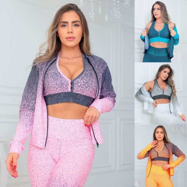 Conjunto Trio Fitness Feminino em Degradê com Casaco Bomber Calça Legging e Top com Bojo Removível