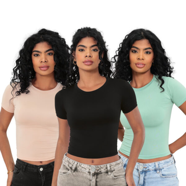 KIT 3: Baby Tee Feminina - Blusa Slim Fit Manga Curta - Blusa de Compressão