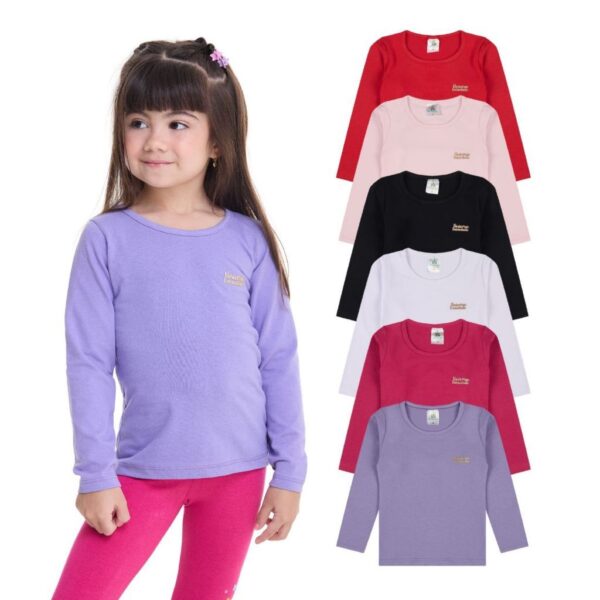 Kit 3 ou 5 Blusas Manga Longa Infantil Menina Algodão Lisa Feminino de Inverno Quentinho