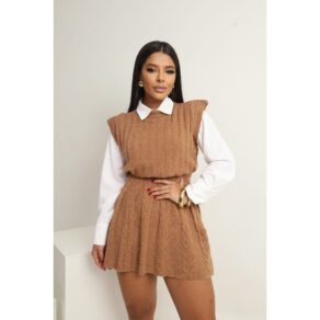 Conjunto Tricot Feminino Inverno Colete e Saia Plissada | Conjunto Trico Moda Feminina Inverno