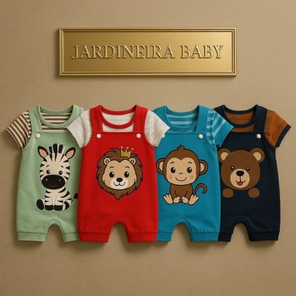 Conjunto de Bebê Macacão Jardineira Safari com Estampa de Animais - Roupa Fofa para Bebê Menino
