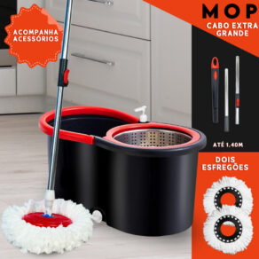 Mop Giratório 360 Cabo 140cm Balde Centrífuga Cesto Inox 14L 2 Refis Microfibra Esfregão Spin