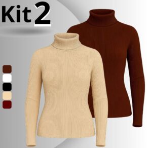 Kit 2 Blusa Feminina Cacharrel Canelada Manga Longa Gola Alta Básica Premium Segunda Pele elegante