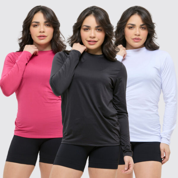 Kit 3 Camisa Térmica Feminina Proteção Uv 50+ Segunda Pele Camiseta Malha Fria Manga Longa UV