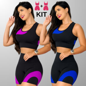 Kit 2 Conjuntos Academia Feminina – Top + Shot Cintura Alta e Modeladora