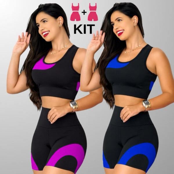 Kit 2 Conjuntos Academia Feminina – Top + Shot Cintura Alta e Modeladora