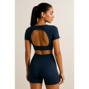 Conjunto Academia Top Manga Curta Cropped Costa Aberta + Short Colado Roupa de Academia Mini Short Verão blogueira