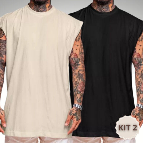 Kit 2 Regata Masculina Oversized Camiseta Larga e Lisa Para Treino 100% Algodão