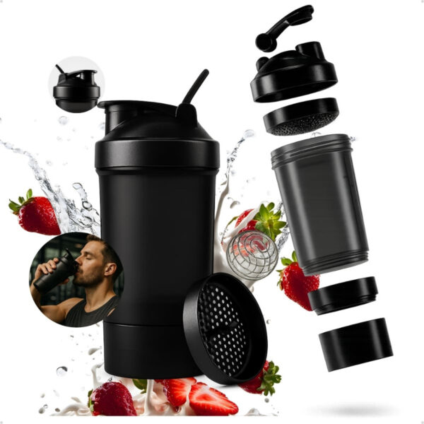 Coqueteleira Academia Shakeira 500ml com Esfera Misturadora e Compartimento Academia e Suplementos Preta