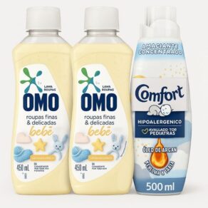 Kit 3 Unidades OMO Bebê 450ml 2un + Comfort Puro Cuidado 1uni 500ml — Hipoalergênico, Delicado e Aprovado por Pediatras