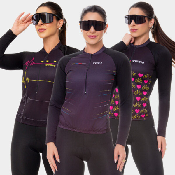 Camisa de Ciclismo Blusa Bike Roda Rosa Feminina Manga Longa