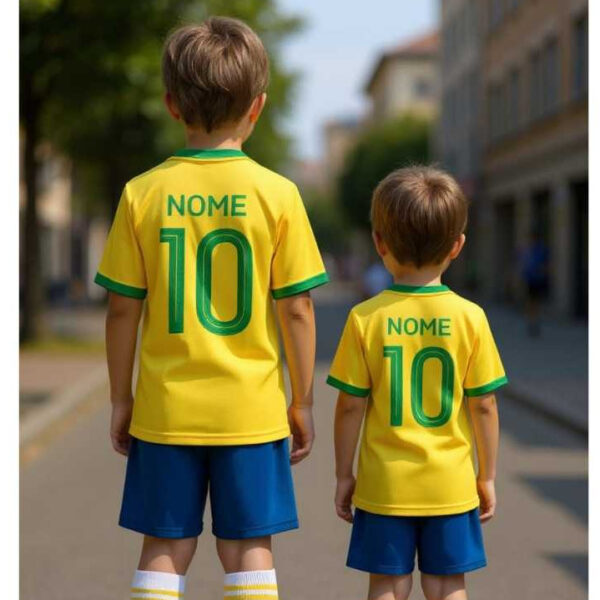 Conjunto Juvenil Infantil Unissex Camiseta e Shorts Brasil Personalizado Nome Brasil Amarelo