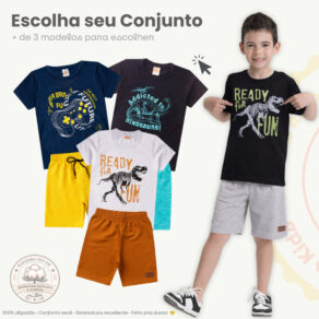 Conjunto Infantil Masculino Menino Verão Camiseta + Bermuda Roupa Criança Estampado Barato Tamanho 1 ao 14 anos.