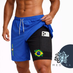 Bermuda Compressão 2em1 BRASIL 02 Masculina DryFit + Elastano Ideal Academia Corrida Bike Crossfit