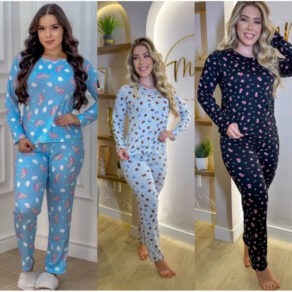 Pijama de inverno feminino comprido de suede com estampas variadas