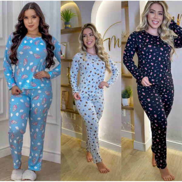 Pijama de inverno feminino comprido de suede com estampas variadas