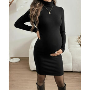 Vestido Midi Gestante Gola Alta Feminino Inverno Maternidade Canelado Elegante De Frio Gravidez