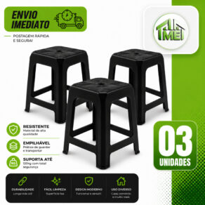 Kit 03 Banqueta Preta De Plástico Resistente Reforçada Adulto Suporta Até 120kg
