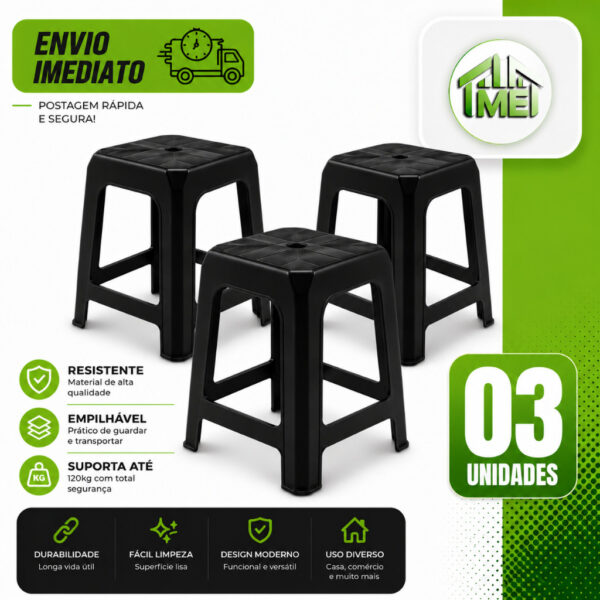 Kit 03 Banqueta Preta De Plástico Resistente Reforçada Adulto Suporta Até 120kg