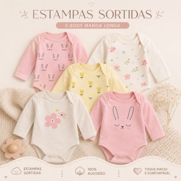 Kit 5 Peças Body Manga Longa Estampado Enxoval Roupa de Bebê
