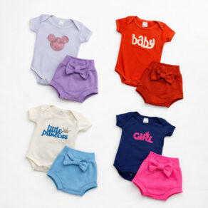 kit 2 Conjuntos Body Infantil Feminino + Shorts Laço Verão Bebê Menina Sortido