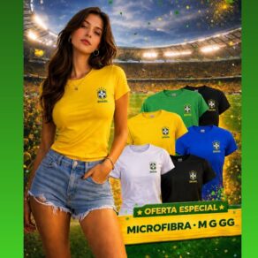 Blusa Feminina Cores Brasil Brasão Copa Do Mundo Gola Redonda Manga Curta Baby Look Poliamida