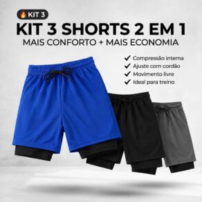 KIT 3 Shorts 2 em 1 DryFit Plus Size Original Elastano Academia Esporte Treino Masculino