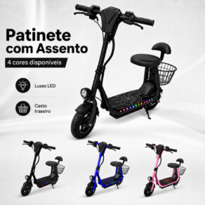 Patinete Elétrico Suporta ate 80kg Infantil 250W Mini Scooter Bluetooth LED Colorido Freio Farol Cesto