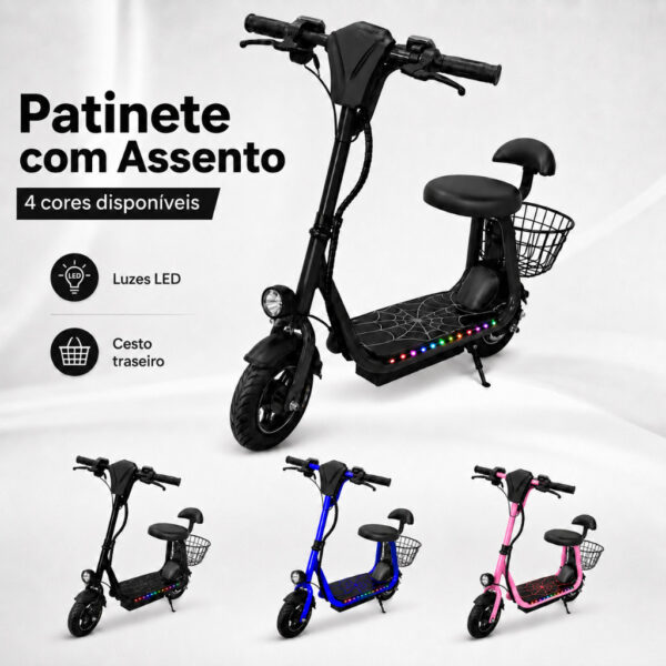 Patinete Elétrico Suporta ate 80kg Infantil 250W Mini Scooter Bluetooth LED Colorido Freio Farol Cesto