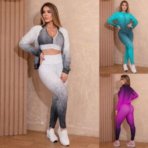 Conjunto Trio Fitness Feminino em Degradê com Casaco Bomber Calça Legging e Top com Bojo Removível
