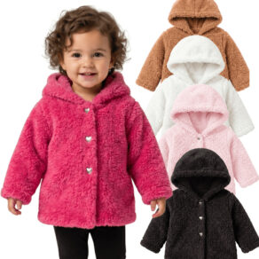 Casaco Bebê Infantil Feminino Teddy Peluciado com Capuz Botão Coração Quentinho Inverno Menina