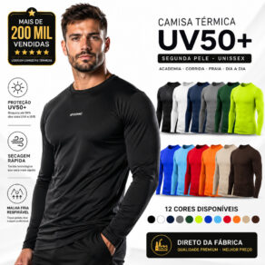 Camisa Térmica Proteção Uv 50+ Segunda Pele Camiseta Malha Fria Unissex Academia Manga Longa Lisa