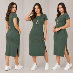 Vestido midi com fenda lateral e bolso viscolycra