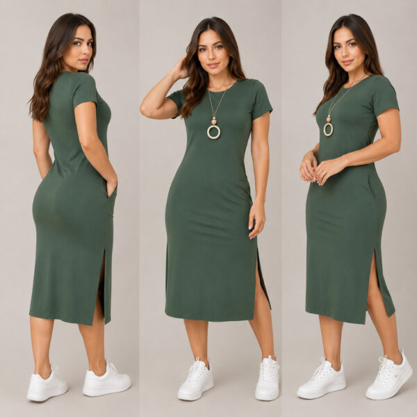 Vestido midi com fenda lateral e bolso viscolycra